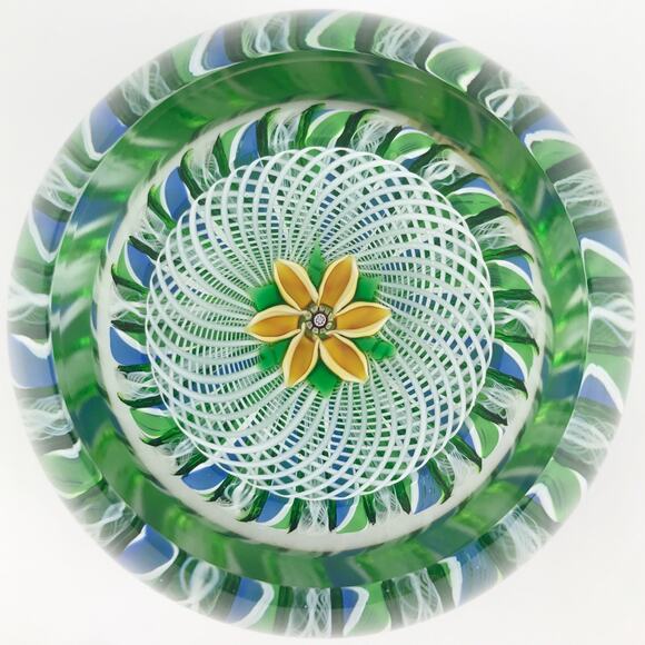 Perthshire 1981F Yellow Lampwork Flower Crown Latticinio Twist Facet Paperweight - Picture 1 of 14